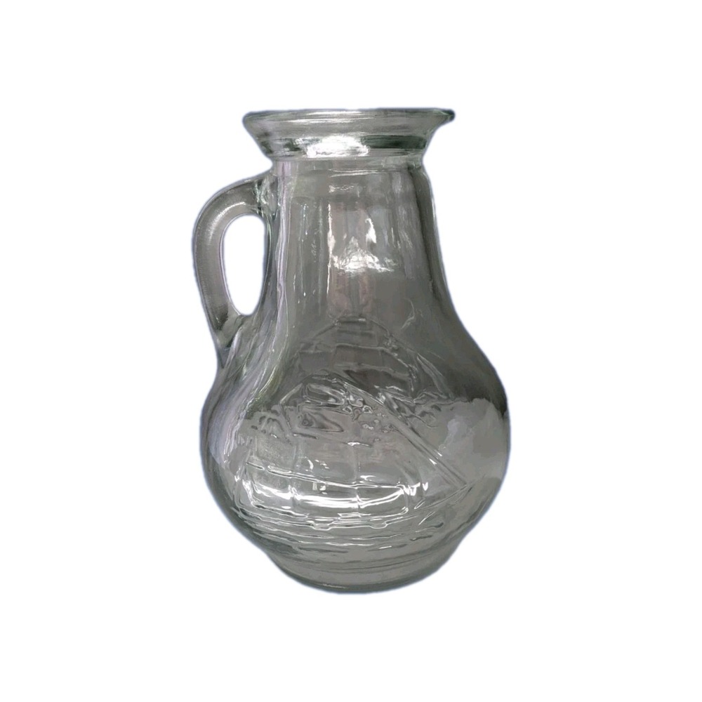 Vtg Nautical Clear Glass Pitcher Embossed Sailboat Clipper Ship 6.75" Jug